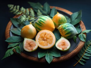 Freshly harvested tropical fruits displayed on a leafy plate kitchen food photography natural lighting close-up culinary art
