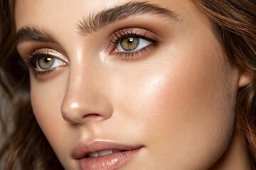 Close-up portrait of a young woman with radiant skin and expressive eyes, softly lit