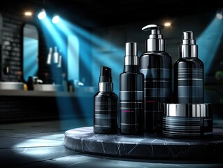 Elevating skincare routine with sleek black bottles modern bathroom product photography ambient lighting