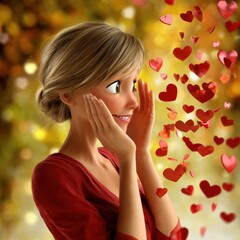 Joyful girl surrounded by floating hearts whimsical setting digital art enchanting atmosphere close-up view love concept