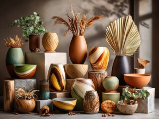 Artful display of contemporary vases modern studio photography interior design close-up aesthetic home decor