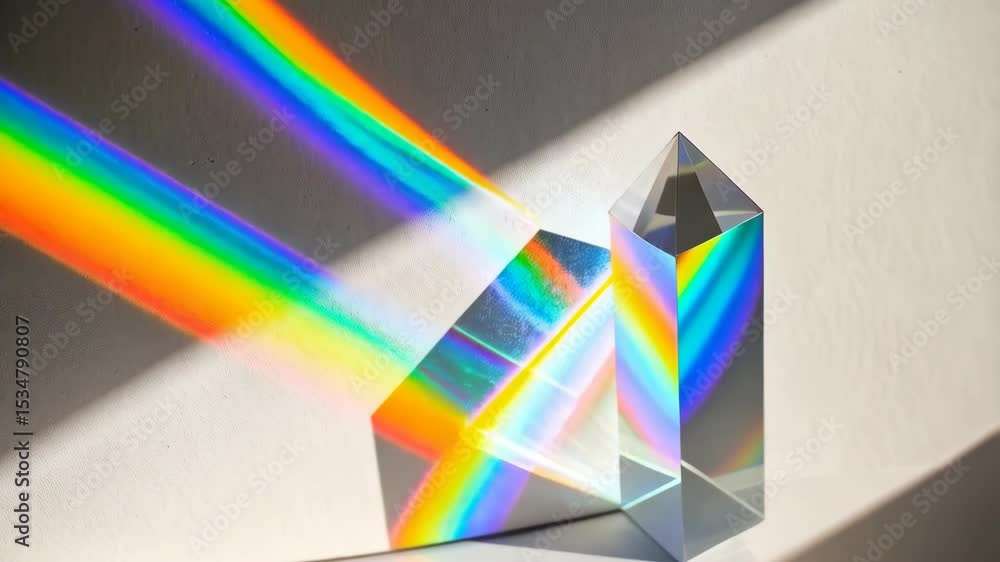 Poster crystal prism refracting light to create spectrum of vibrant rainbow colors on white wall background