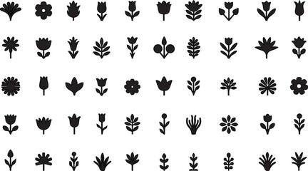 A vector set of black plant silhouettes with floral and leaf designs, ideal for seamless patterns or decorative illustrations