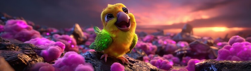 Colorful bird singing at sunset fantasy landscape 3d animation vibrant environment close-up view joyful concept