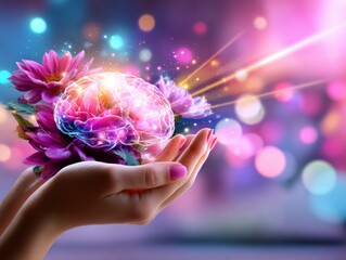 Creative mindfulness blossoming ideas in a colorful dreamscape artistic expression surreal environment close-up perspective