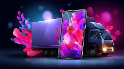 Delivery action with smartphone tracking urban setting digital illustration vibrant colors creative viewpoint