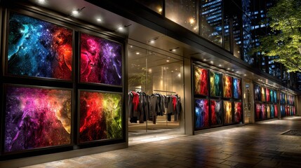Art exhibition featuring vibrant abstract murals urban gallery digital artwork evening atmosphere street view contemporary concept