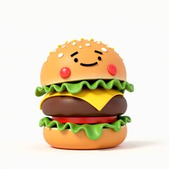 Cute Cartoon Hamburger Character with Smiling Face and Cheesy Slice