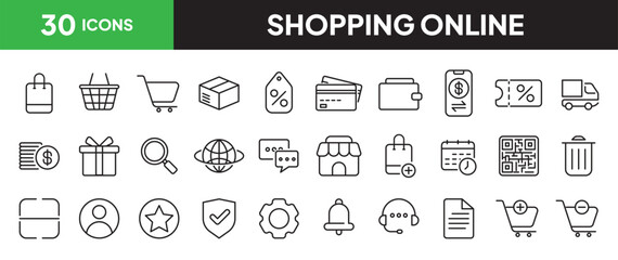 Online shopping icon set in line style. Collection of e-commerce and retail linier icons. including shopping bag, cart, package, wallet, credit card, discount, gift, store, etc. Editable stroke