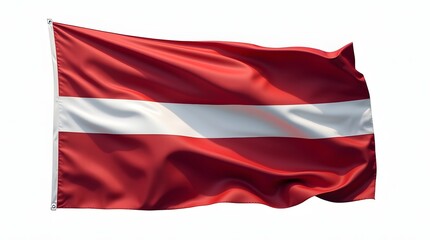 Photorealistic Latvian flag with a white horizontal stripe between two dark red bands. Realistic fabric texture and folds, isolated on a white background, detailed and clean design.