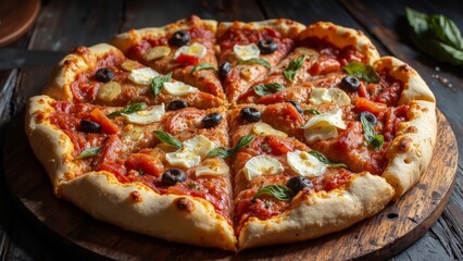 Delicious Freshly Baked Pizza with Toppings on Wooden Board