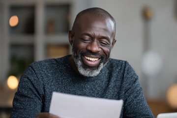 Fototapeta premium Man with gray beard laughing while holding a piece of white paper indoors