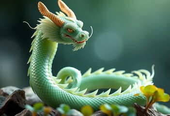 Fototapeta premium Serene jade dragon coiled gracefully, intricate details, peaceful expression, spiritual, art