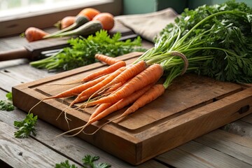 Freshly harvested carrots on a rustic wooden cutting board with greenery and vegetables in the background