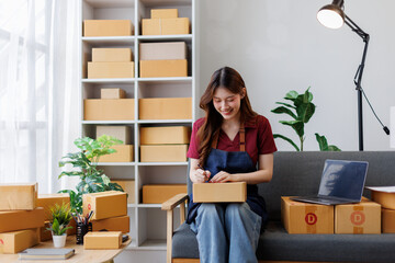 Young asian woman checking supplies and writing address on box with laptop in her warehouse. Owner,...