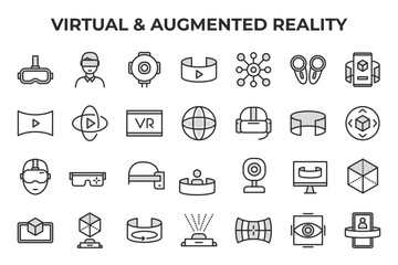 Virtual & Augmented Reality Vector Icon Set - VR headset, user, 360 view, video, network, controllers, globe, display, cube, glasses, camera, monitor, hologram icons - Editable Line