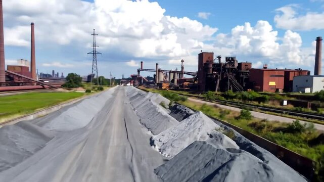 Industrial Site With Gray Material Piles Under Sunny Sky