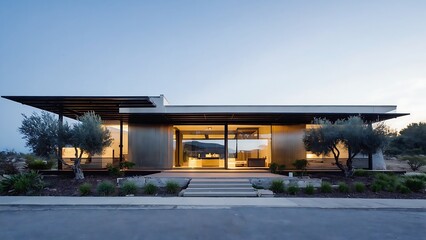 Fototapeta premium Modern single-story home at twilight
