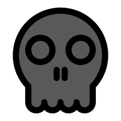 A minimalist black skull icon, The flat design features two large circular eyes and simplified nose and teeth. Suitable for danger symbols, warning signs, or spooky graphic elements.