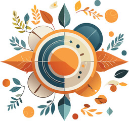 Modern Abstract Seasonal Circle with Leaves and Fruits