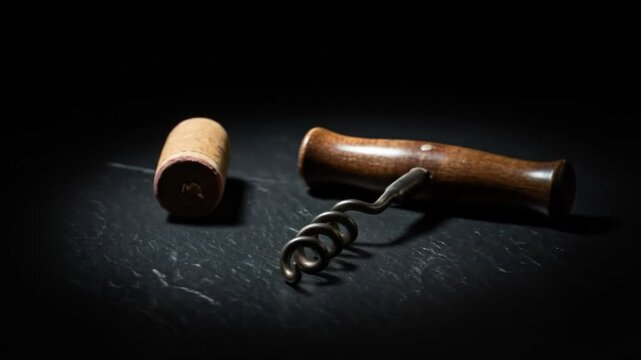 Darkly lit corkscrew beside a cork