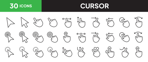 Cursor icon set in line style. Collection of click and tap linier icons. including head, eyes, ear, mouth, heart, bone, teeth, brain, hair, etc. Editable stroke