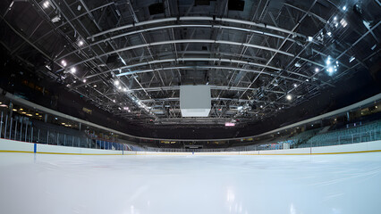 Empty ice rink under stadium lights, a quiet moment before the game begins