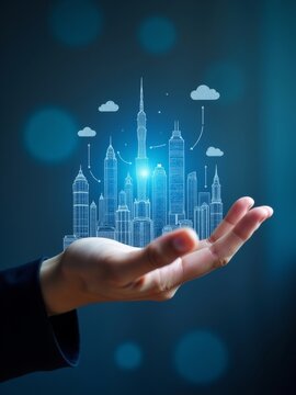Hand Holding Digital Cityscape with Clouds and Light Effects