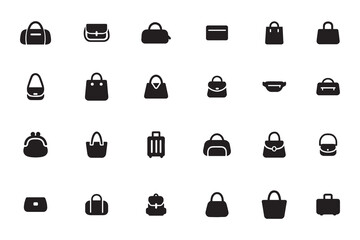 Bag and purse icon set, collection of fashion accessories and luggage glyphs, simple black vector silhouette illustration