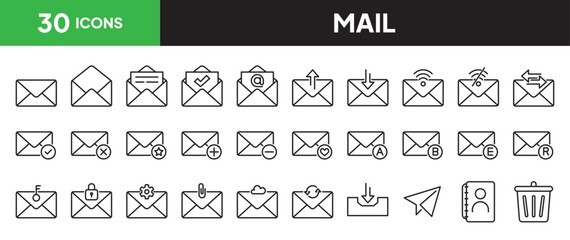 Mail icon set in line style. Collection of email linier icons. including communication, inbox, recieve, messaging, read, unread, spam, reply, forward, spam, locked, attachment, etc. Editable stroke