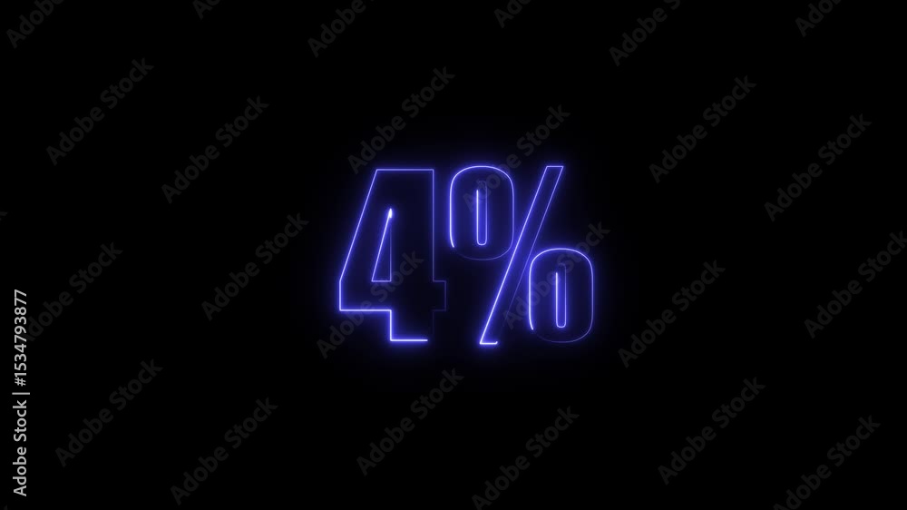 Aufkleber glowing neon text 4% number text animation neon on black background. abstract neon 4% number animati