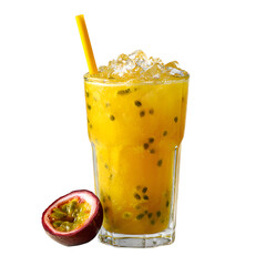 Iced passion fruit juice with seeds served in a tall glass and yellow straw isolated on transparent background