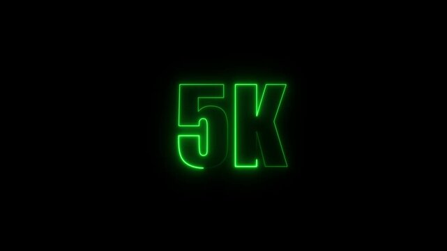 Glowing neon light 5k followers or subscribers celebration text animation on black background, Number 5k Neon Futuristic Effect, glowing neon 5k text animation with red and green color.