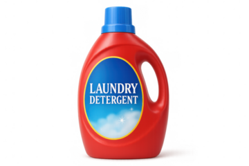 Red plastic detergent bottle featuring blue cap, sitting against transparent backdrop, displaying cleaning solution packaging