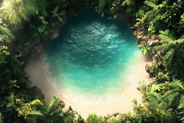 Tropical beach cove with lush vegetation.