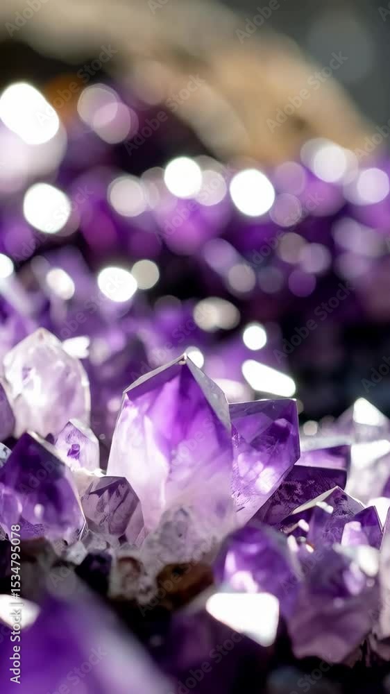 Poster close-up view of vibrant purple amethyst crystal points, with a soft-focus background creating a bok