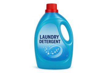 Blue plastic laundry detergent bottle with red cap isolated on transparent background, perfect for cleaning and hygiene concepts