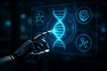 A metallic robotic hand interacts with a holographic display showcasing DNA and scientific icons