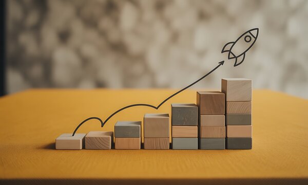 Wooden blocks forming a rising graph, a rocket signifies growth