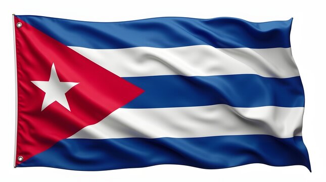 Photorealistic Cuban flag with blue and white stripes, red triangle, and white star. Isolated on white background with detailed textile texture and soft lighting.