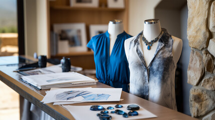 Fashion designer workspace with clothing sketches and fabric samples