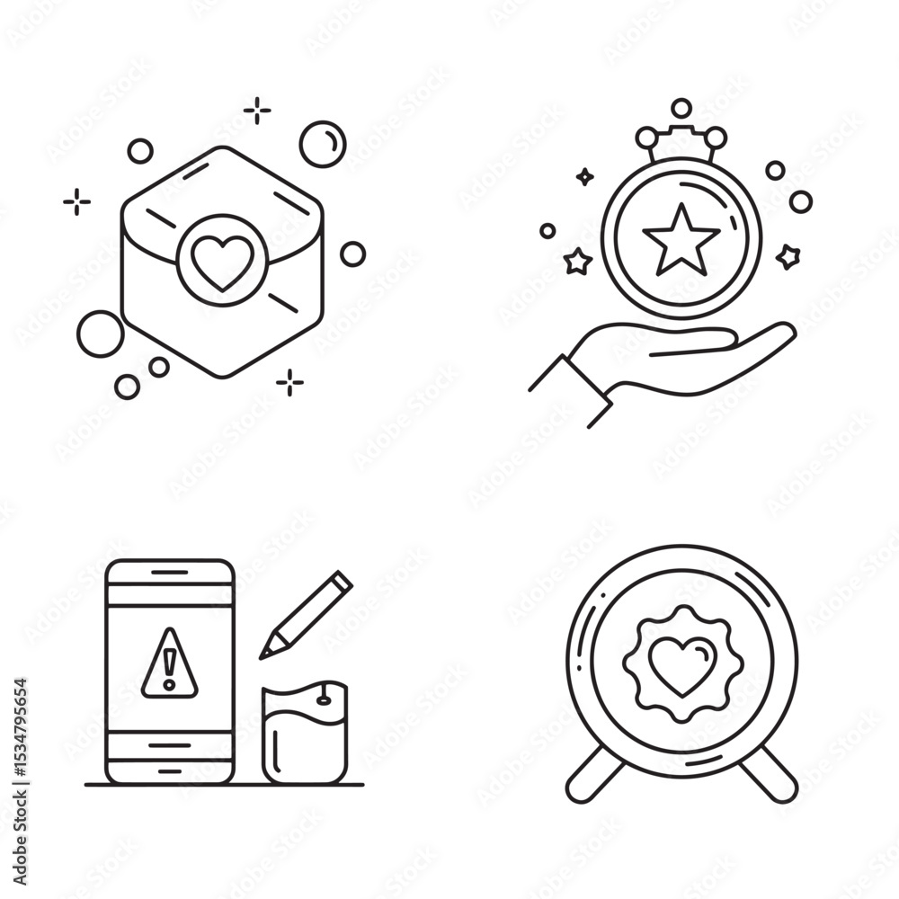 Poster collection of line art icons representing love warning reward and search concepts