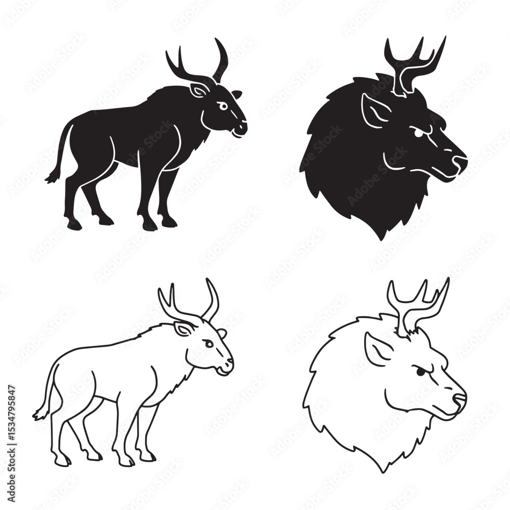 Poster four simple vector silhouettes of a wildebeest displaying a side profile and head design
