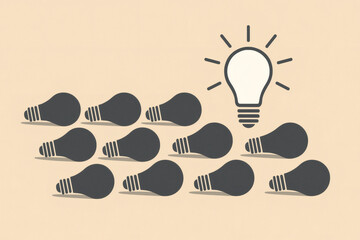 A bright light bulb is above a group of dark light bulbs on a light - colored backdrop.