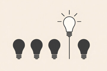 A white light bulb stands out among black light bulbs on a light background.