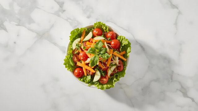 fresh salad bowl on marble kitchen counter with sunlight