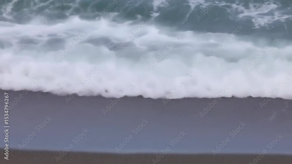 Poster aerial view of ocean waves creating white foam patterns on the water surface along the beach shoreli