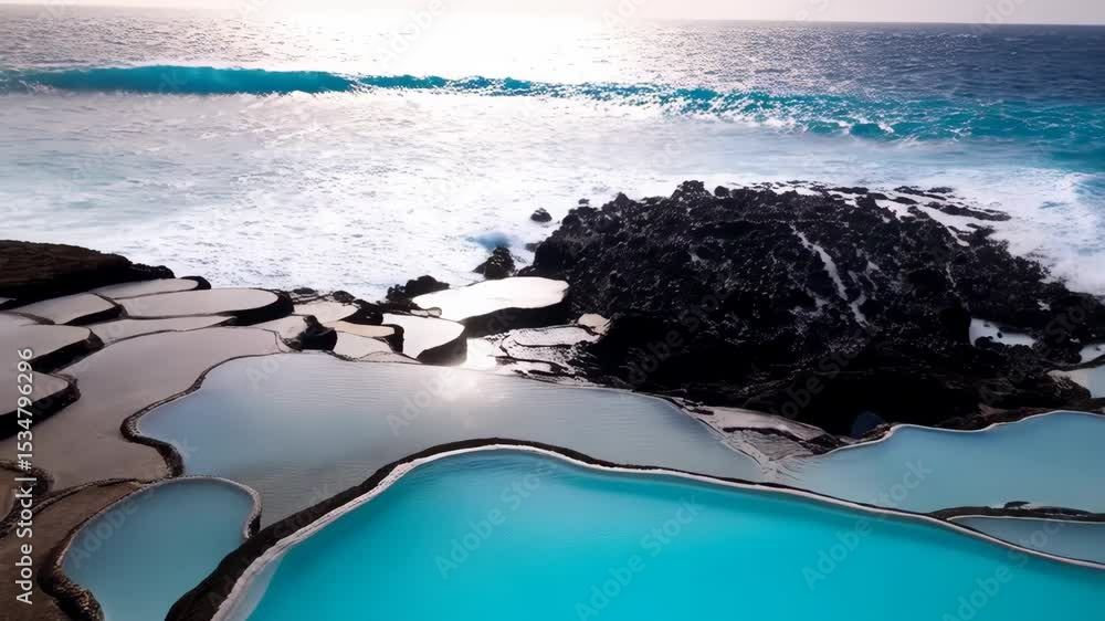 Poster scenic aerial view of layered pools and rocky coast with ocean waves crashing on the shore, creating
