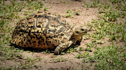  Leopard Tortoise (Stigmochelys pardalis) in the African Safari sun, Serengeti, Tanzania