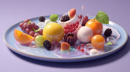 Colorful Fruit Display on Plate with Jelly and Water Droplets